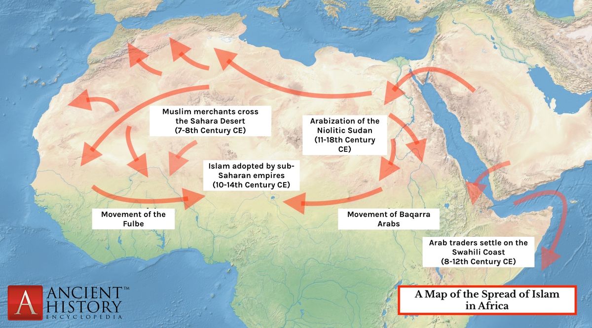 A map indicating the general direction and timings of the spread of Islam in Africa from the 7th to 18th century CE