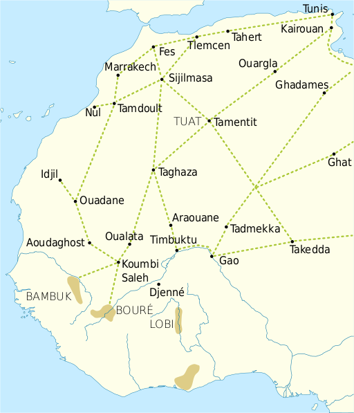 A map indicating the major trans-Saharan trade routes across West Africa c. 1100-1500 CE