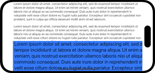 Screenshot demonstrating SwiftUI ScrollView with ZStack where blue background extends edge-to-edge ignoring safe area, while VStack content respects insets and scrolls fully visible