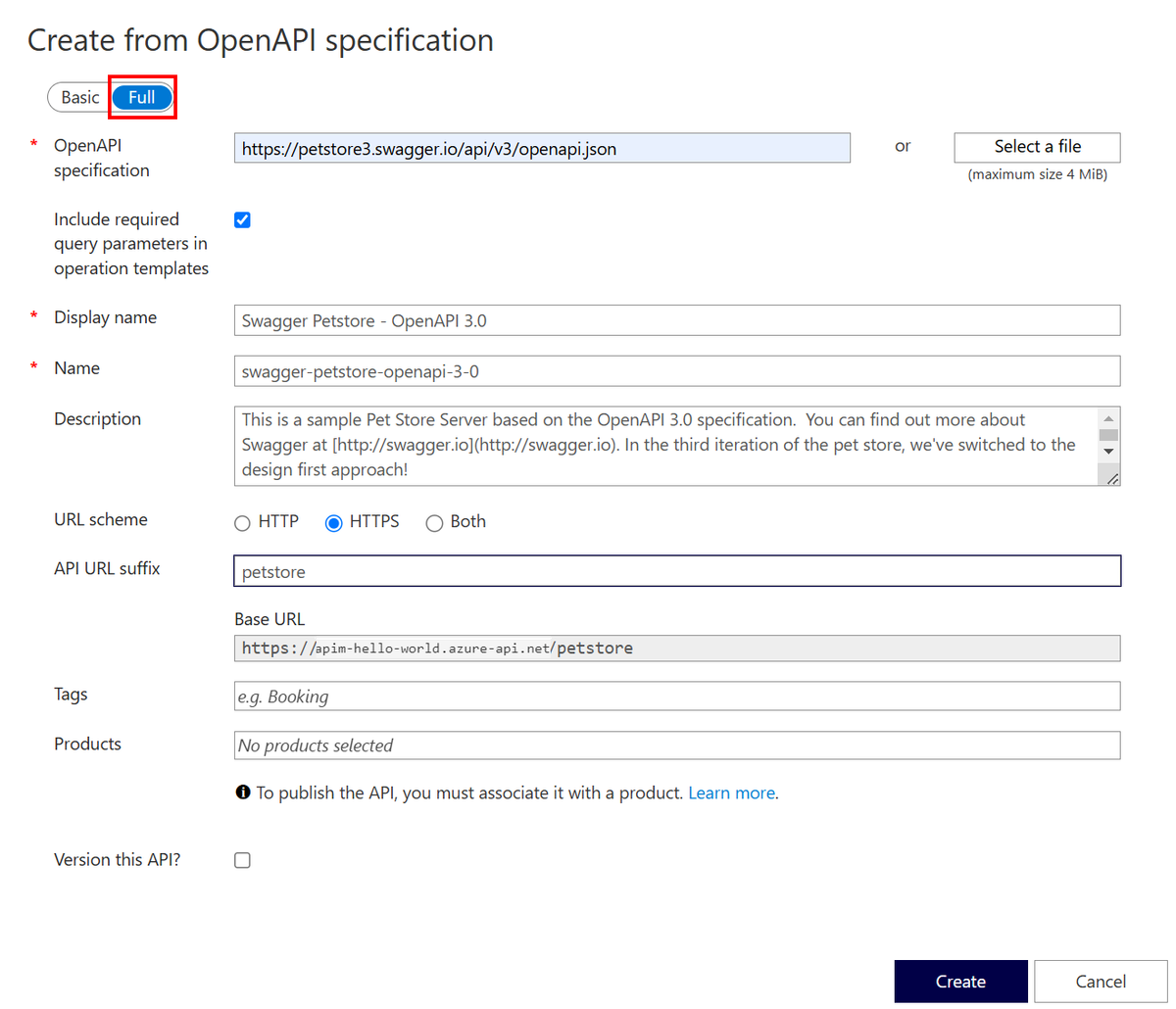 Azure API Management interface showing API configuration