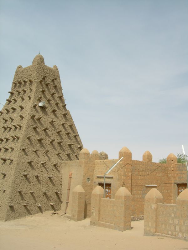 The Sankore Mosque, Timbuktu, Mali. The mosque, made from pounded earth and wood, was built in the late 1100s CE